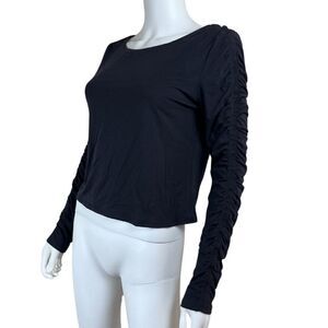 Athleta All Around Women Size S Black Cropped Ruched Long Sleeve Jersey Knit Top